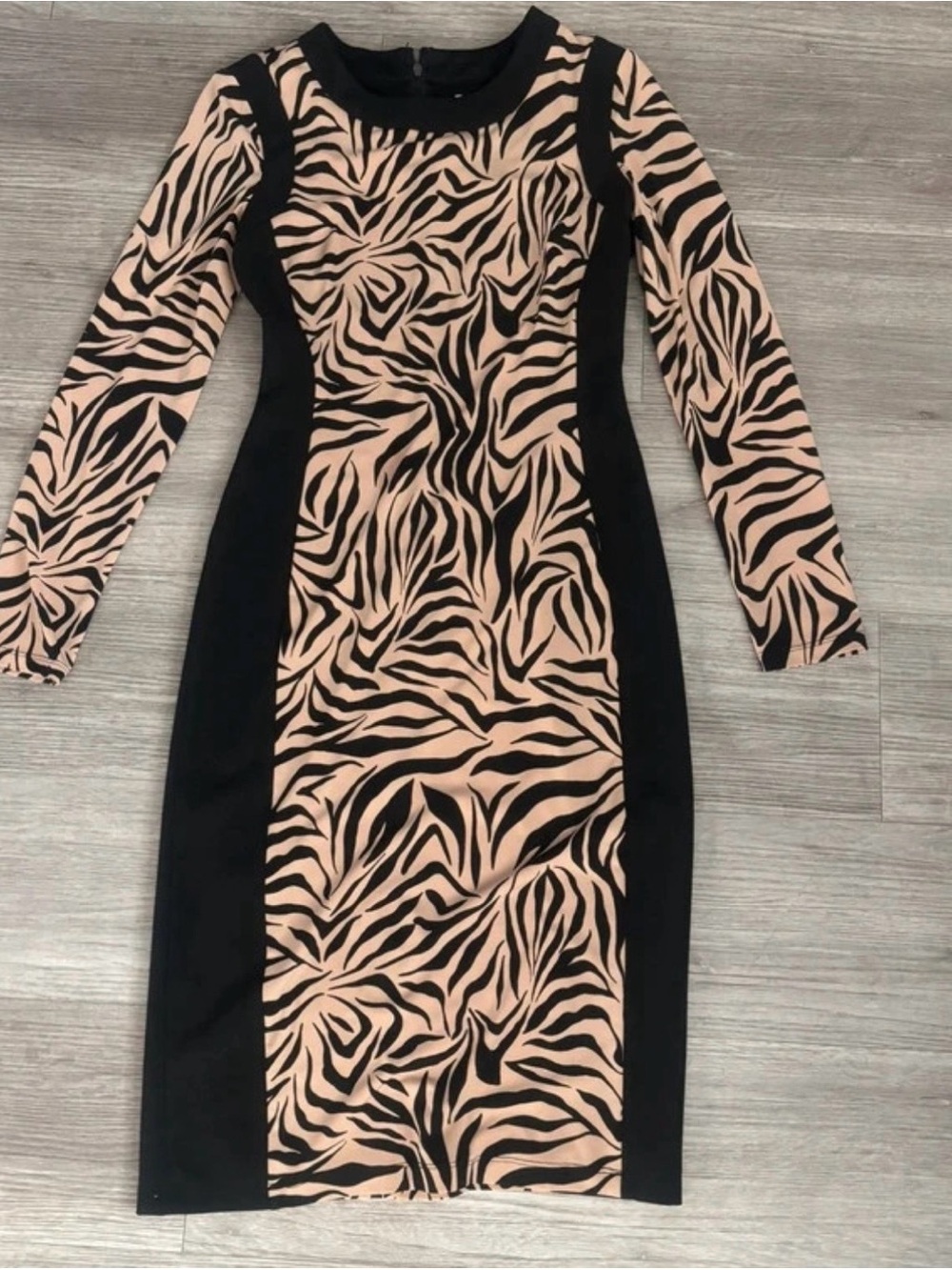 New York & Company Black and Nude Zebra-Print Midi Bodycon Dress